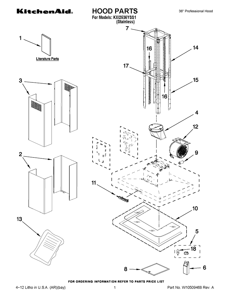 HOOD PARTS Diagram and Parts List for KXI2536YSS1  KitchenAid Range Hood
