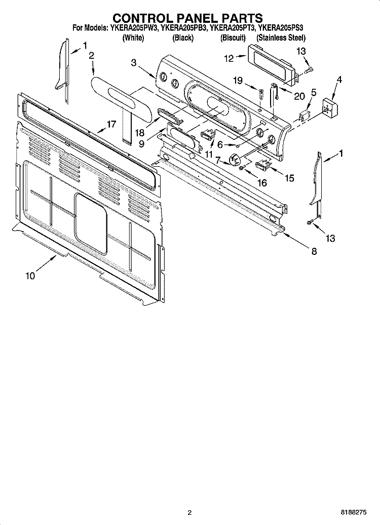 CONTROL PANEL PARTS Diagram and Parts List for YKERA205PB3  KitchenAid Range
