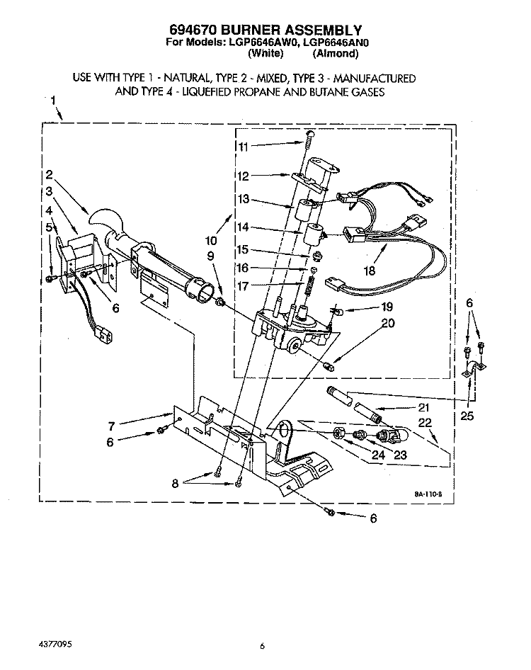694670 BURNER Diagram and Parts List for LGP6646AW0  Whirlpool Dryer