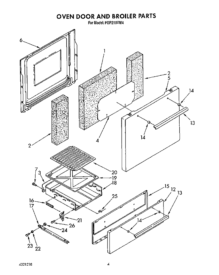 OVEN DOOR AND BROILER Diagram and Parts List for FGP210VW4  Roper Range