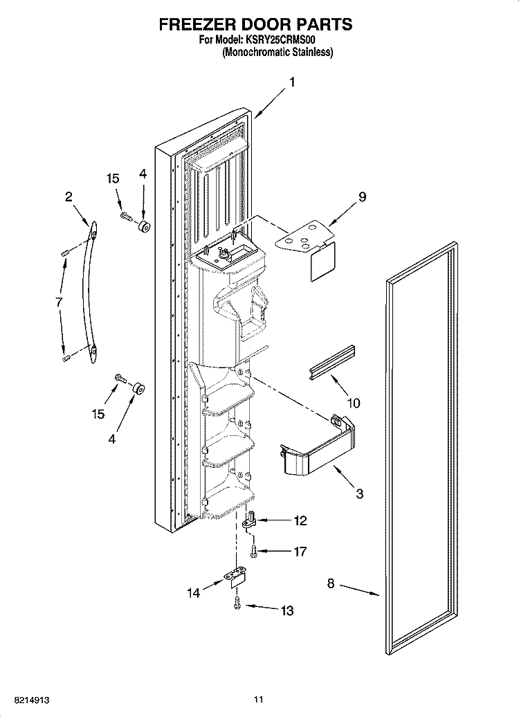 FREEZER DOOR PARTS Diagram and Parts List for KSRY25CRMS00  KitchenAid Refrigerator