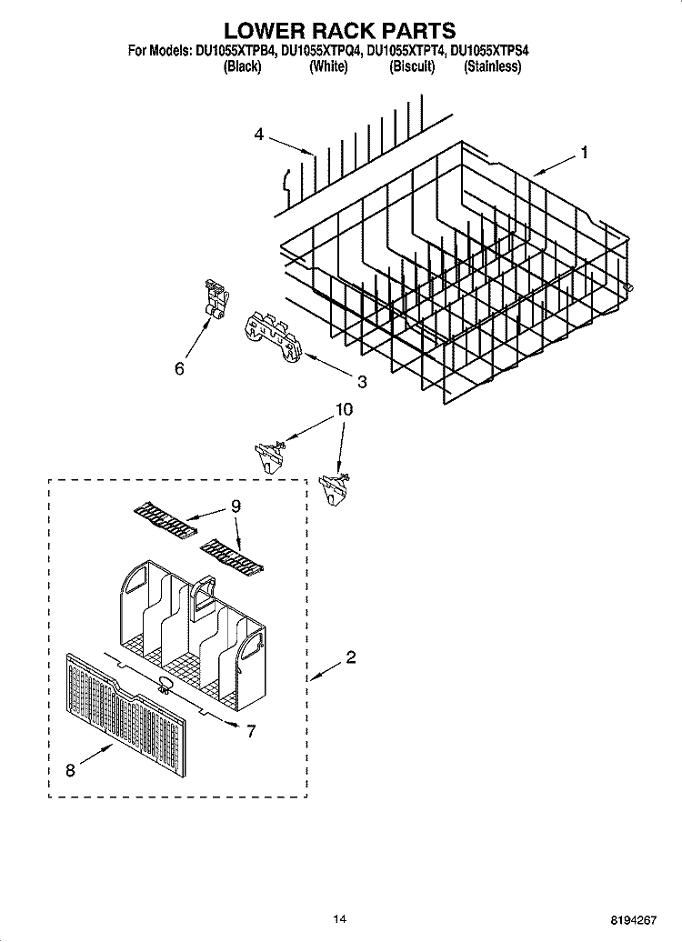 LOWER RACK PARTS, OPTIONAL PARTS (NOT INCLUDED) Diagram and Parts List for DU1055XTPQ4  Whirlpool Dishwasher