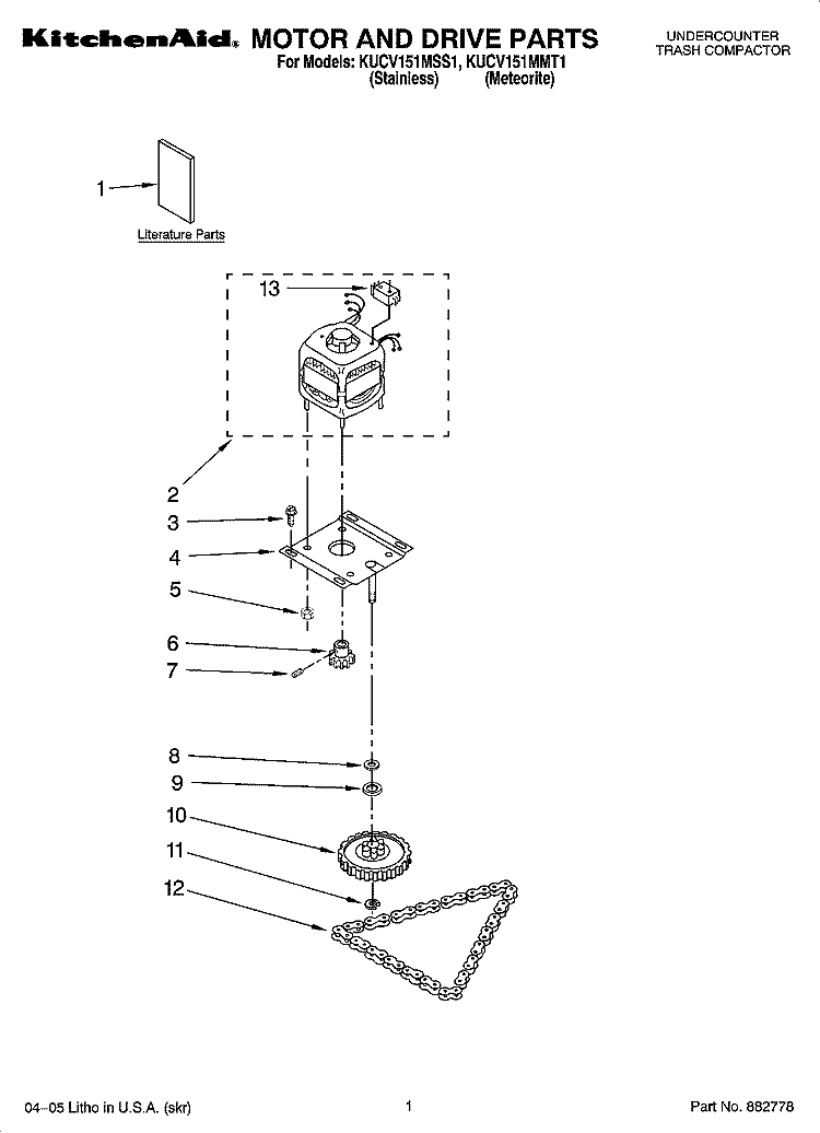 MOTOR AND DRIVE PARTS Diagram and Parts List for KUCV151MMT1  KitchenAid Trash Compactor