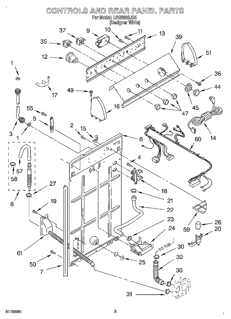 CONTROLS AND REAR PANEL Diagram and Parts List for LSQ8000JQ1  Whirlpool Washer