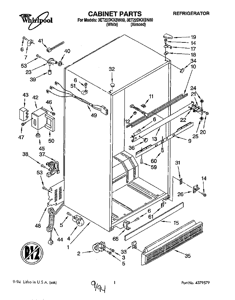 CABINET Diagram and Parts List for 3ET22DKXBW00  Whirlpool Refrigerator