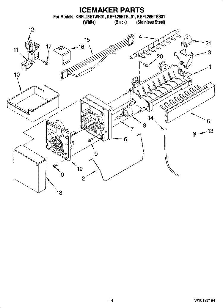 ICEMAKER PARTS, OPTIONAL PARTS (NOT INCLUDED) Diagram and Parts List for KBFL25ETWH01  KitchenAid Refrigerator