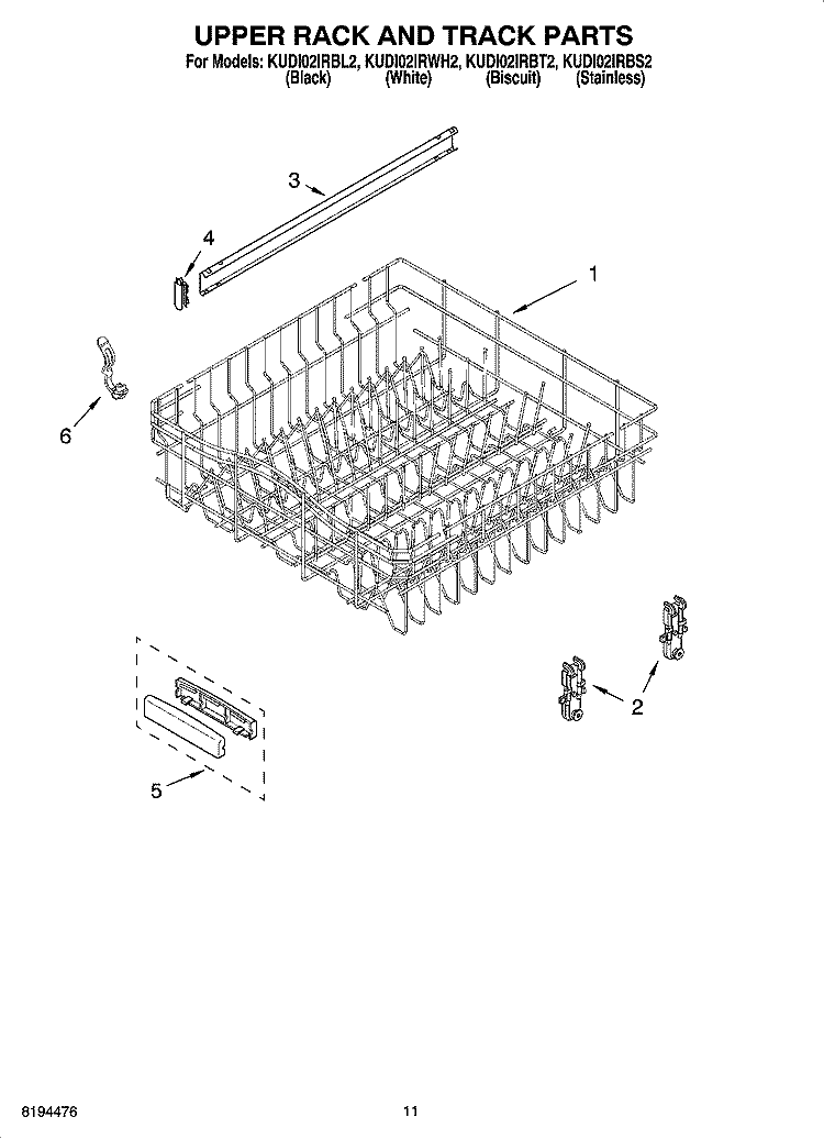 UPPER RACK AND TRACK PARTS Diagram and Parts List for KUDI02IRWH2  KitchenAid Dishwasher