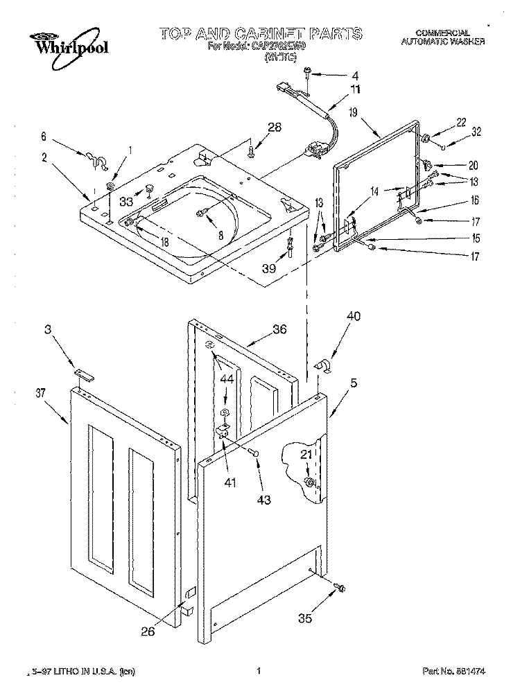 TOP AND CABINET, LIT/OPTIONAL Diagram and Parts List for CAP2762EW0  Whirlpool Washer
