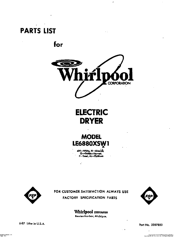 SECTION Diagram and Parts List for LE6880XSW1  Whirlpool Dryer