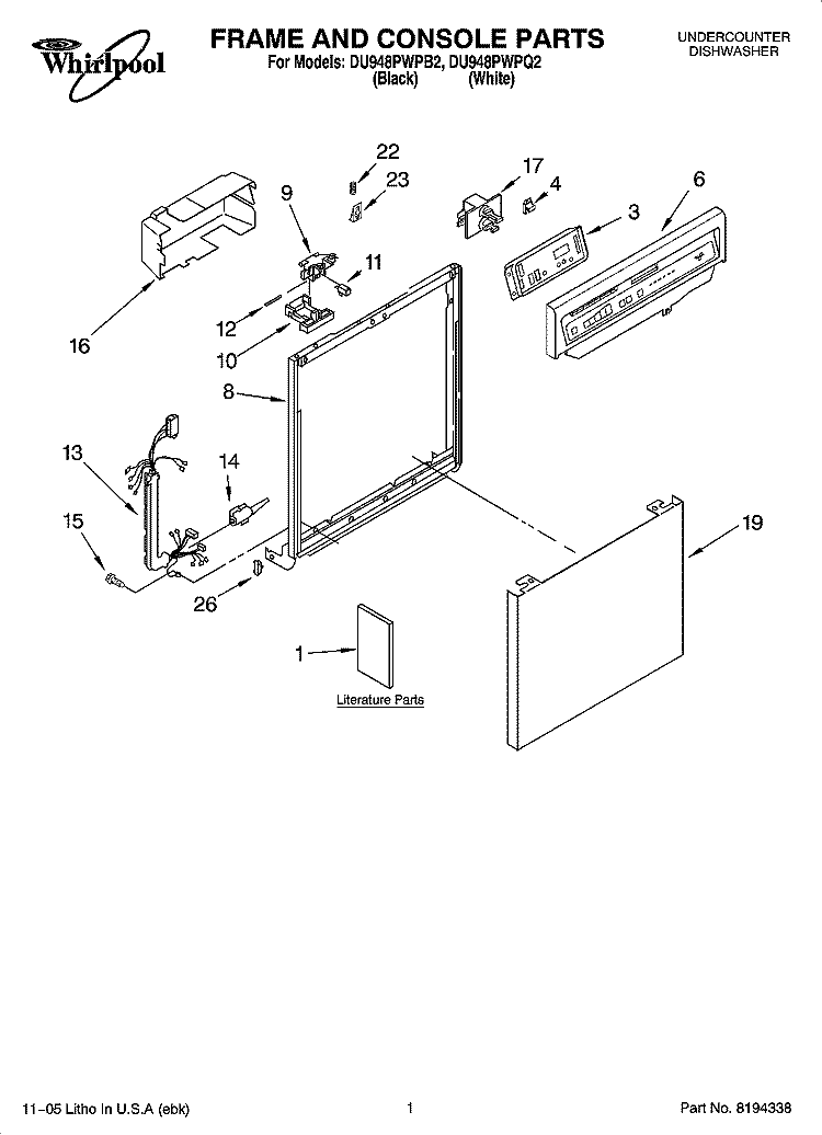 FRAME AND CONSOLE PARTS Diagram and Parts List for DU948PWPB2  Whirlpool Dishwasher