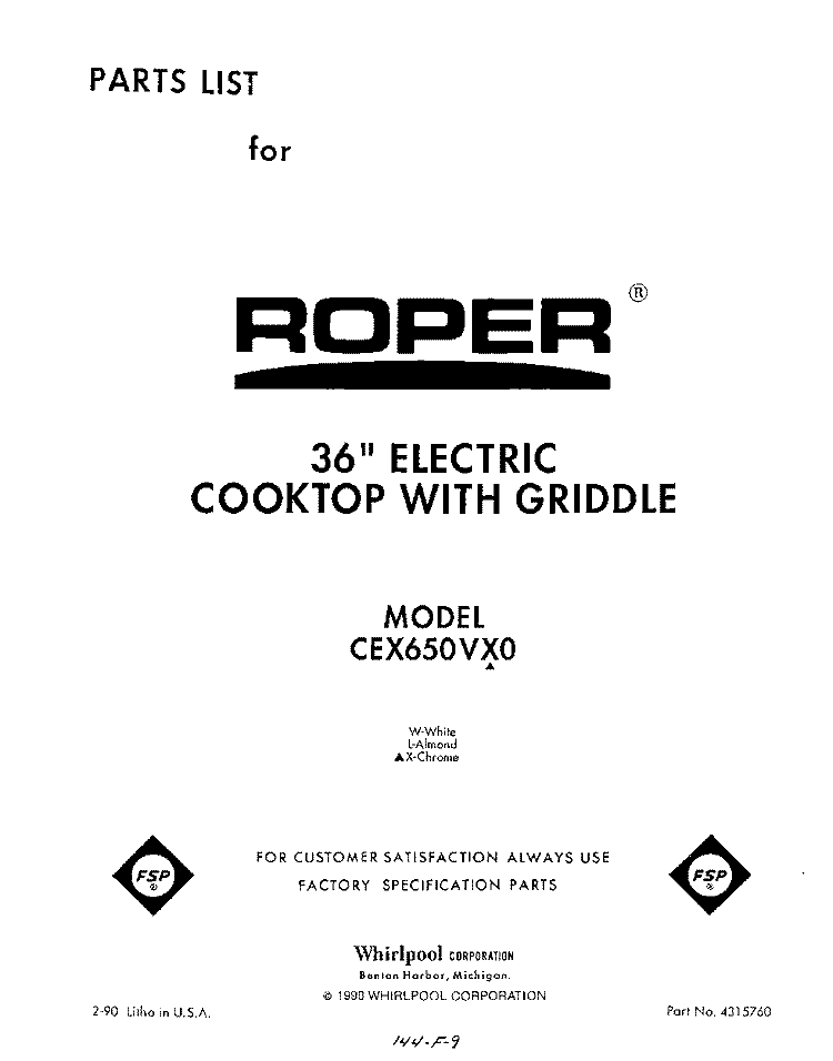 SECTION Diagram and Parts List for CEX650VX0  Roper Range