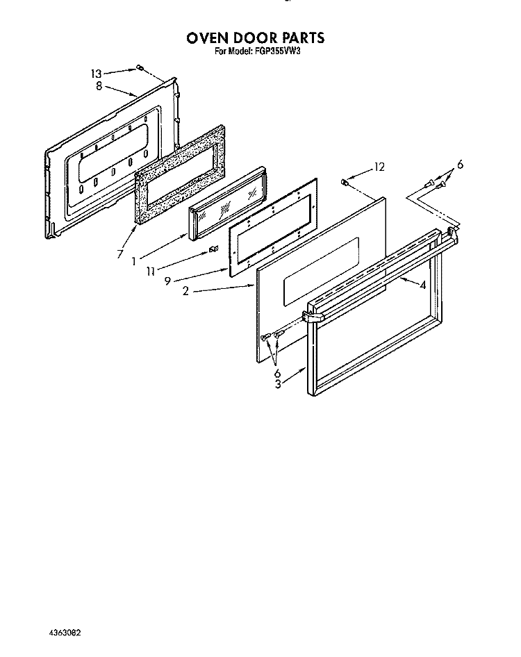 OVEN DOOR, LIT/OPTIONAL Diagram and Parts List for FGP355VW3  Roper Range