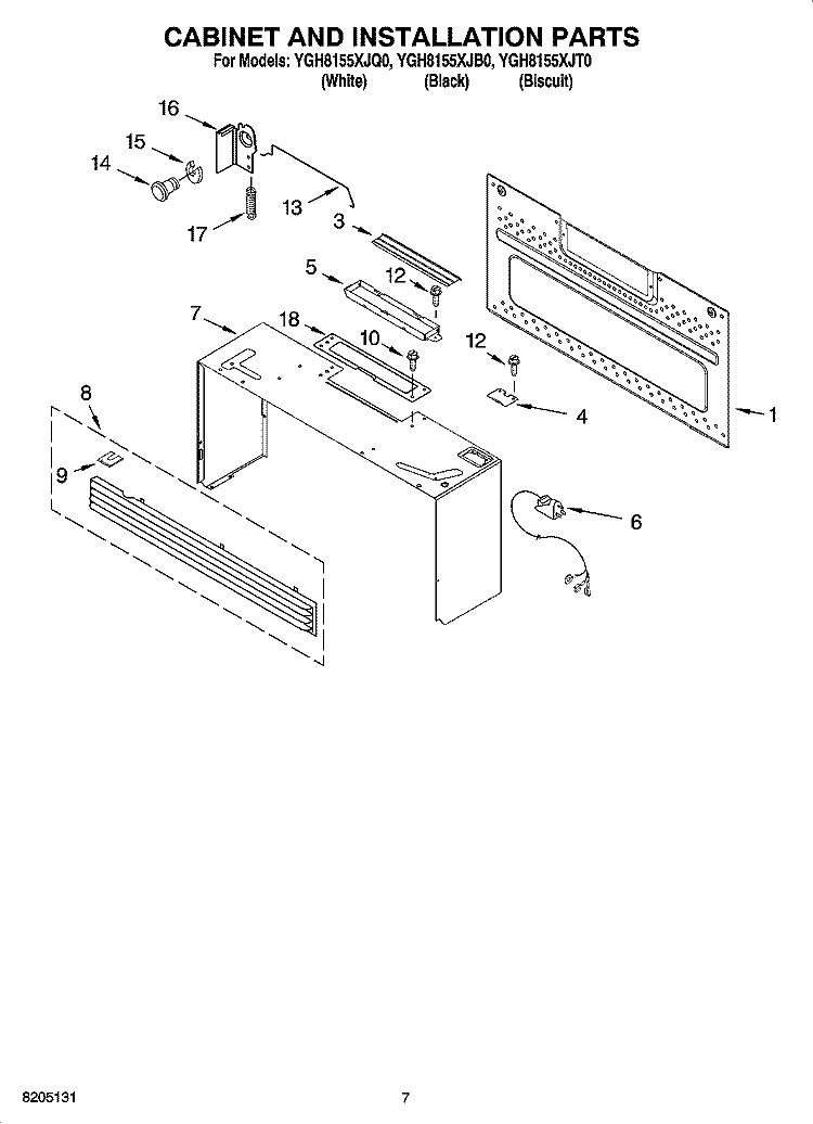 CABINET AND INSTALLATION PARTS Diagram and Parts List for YGH8155XJQ0  Whirlpool Microwave
