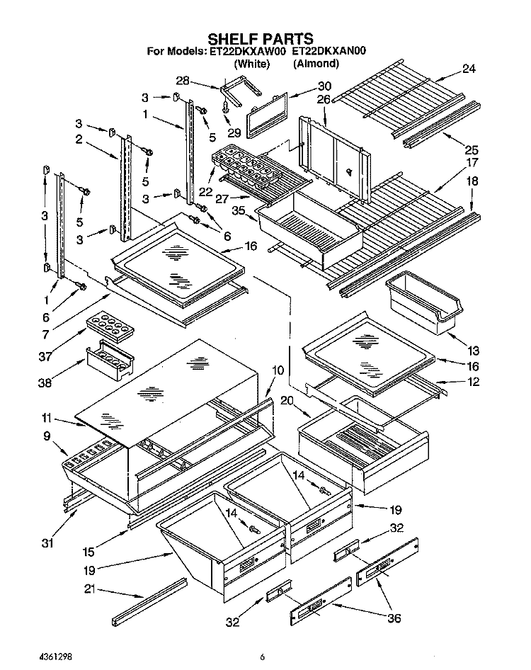 SHELF, LIT/OPTIONAL Diagram and Parts List for ET22DKXAW00  Whirlpool Refrigerator