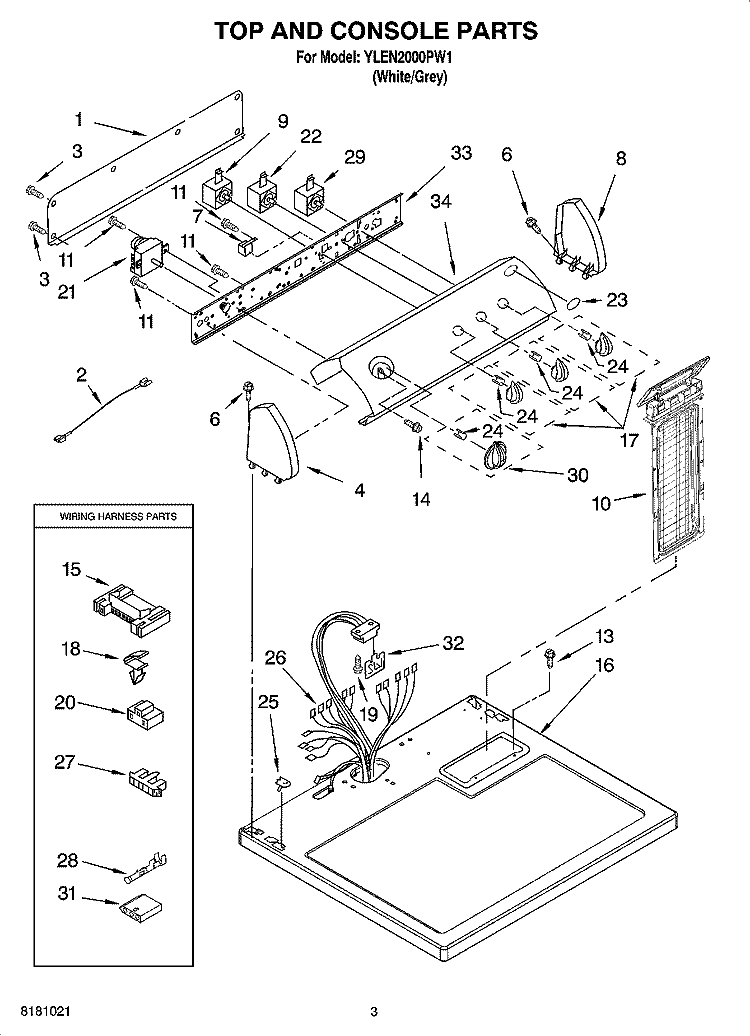 TOP AND CONSOLE PARTS Diagram and Parts List for YLEN2000PW1  Whirlpool Dryer
