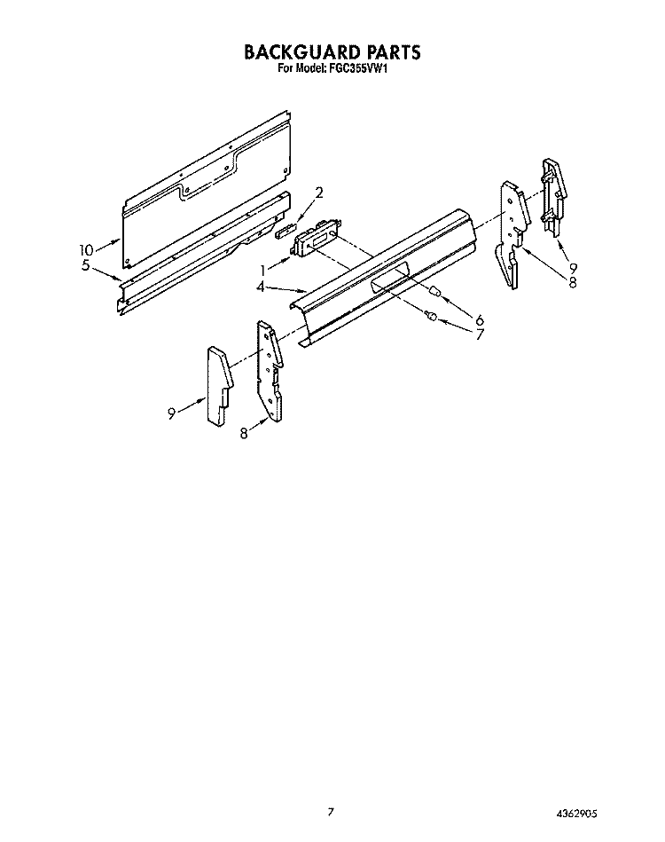 BACKGUARD Diagram and Parts List for FGC355VL1  Whirlpool Range