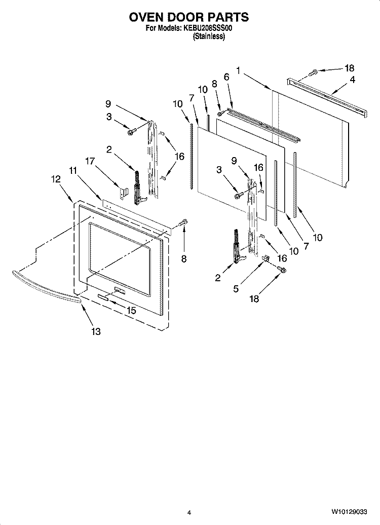 OVEN DOOR PARTS Diagram and Parts List for KEBU208SSS00  KitchenAid Wall Oven