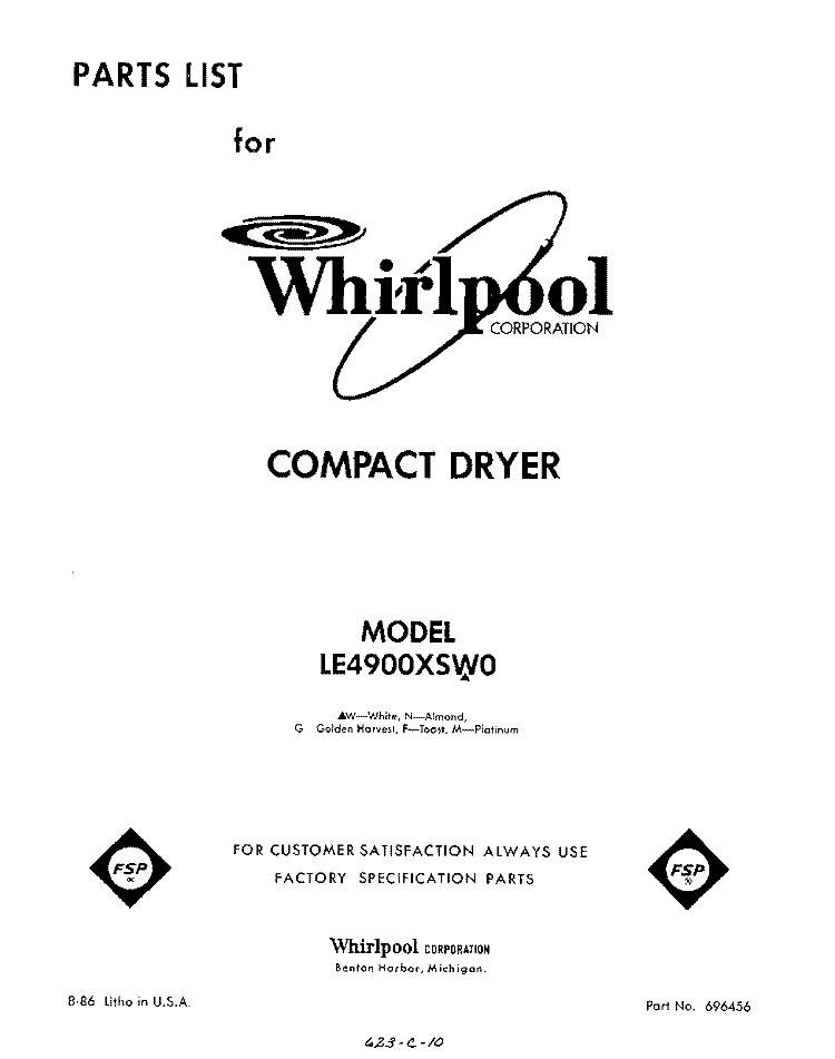 SECTION Diagram and Parts List for LE4900XSW0  Whirlpool Dryer