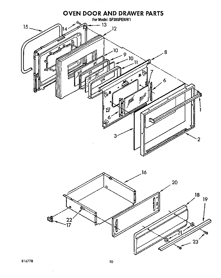 OVEN DOOR AND DRAWER Diagram and Parts List for SF385PEWW1  Whirlpool Range