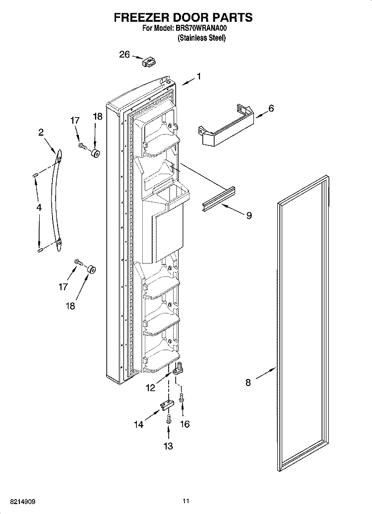 FREEZER DOOR PARTS Diagram and Parts List for BRS70WRANA00  Whirlpool Refrigerator