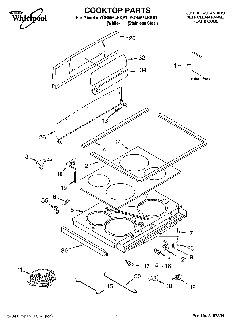 COOKTOP PARTS Diagram and Parts List for YGR556LRKP1  Whirlpool Range