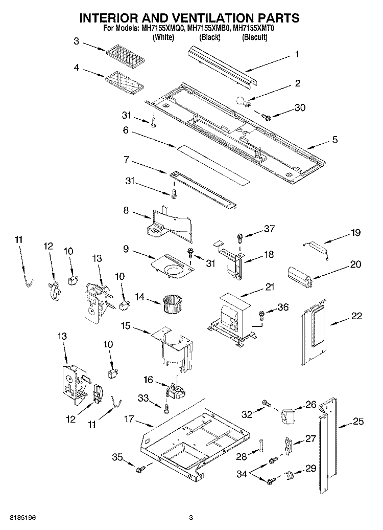 INTERIOR AND VENTILATION PARTS Diagram and Parts List for MH7155XMQ0  Whirlpool Microwave