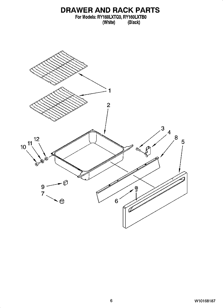 DRAWER AND RACK PARTS, OPTIONAL PARTS (NOT INCLUDED) Diagram and Parts List for RY160LXTB0  Whirlpool Range