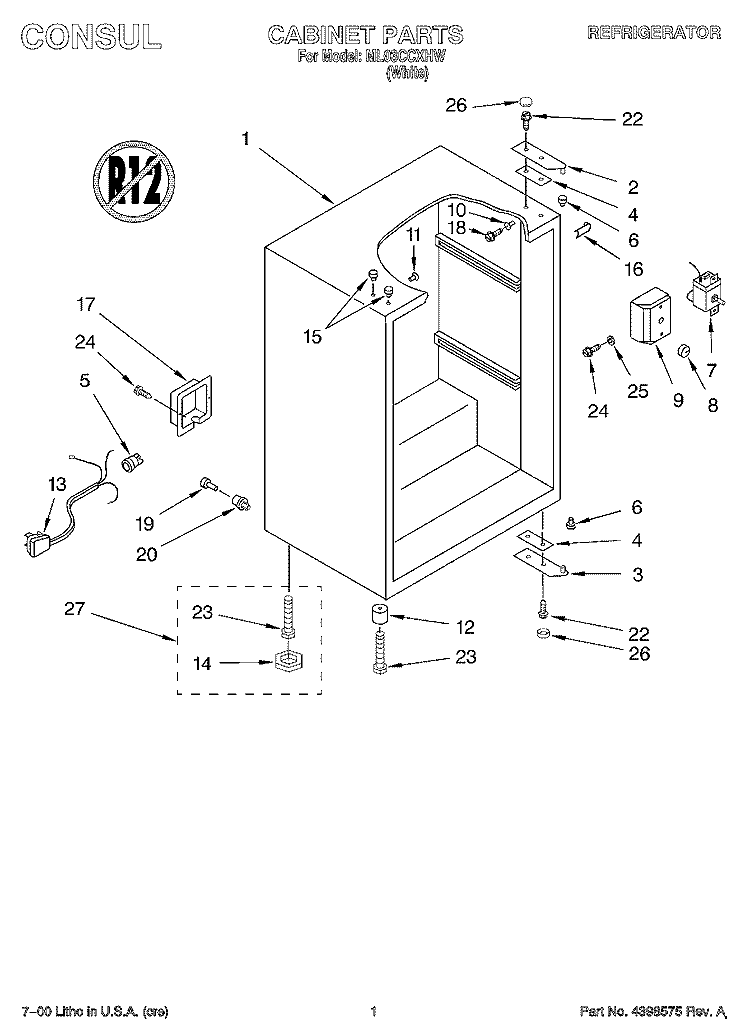 CABINET Diagram and Parts List for ML03CCXHW  Whirlpool Refrigerator