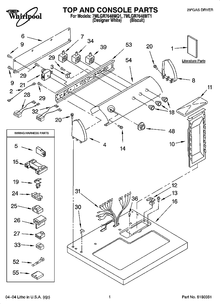 TOP AND CONSOLE PARTS Diagram and Parts List for 7MLGR7648MT1  Whirlpool Dryer