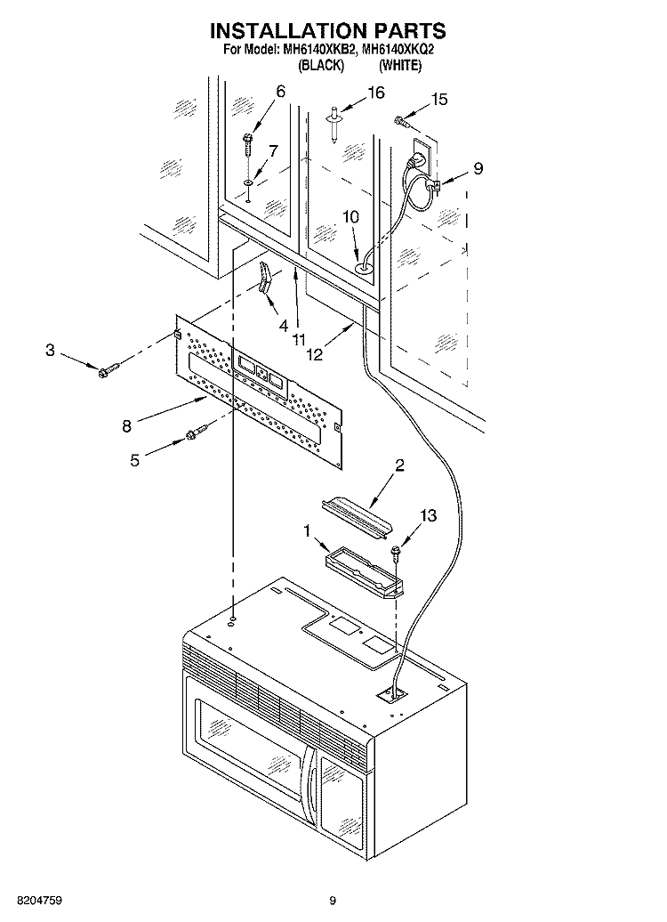 INSTALLATION PARTS Diagram and Parts List for MH6140XKQ2  Whirlpool Microwave