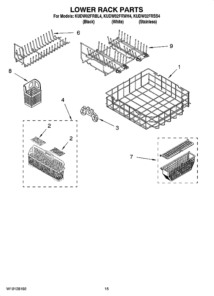 LOWER RACK PARTS, OPTIONAL PARTS (NOT INCLUDED) Diagram and Parts List for KUDW02FRWH4  KitchenAid Dishwasher
