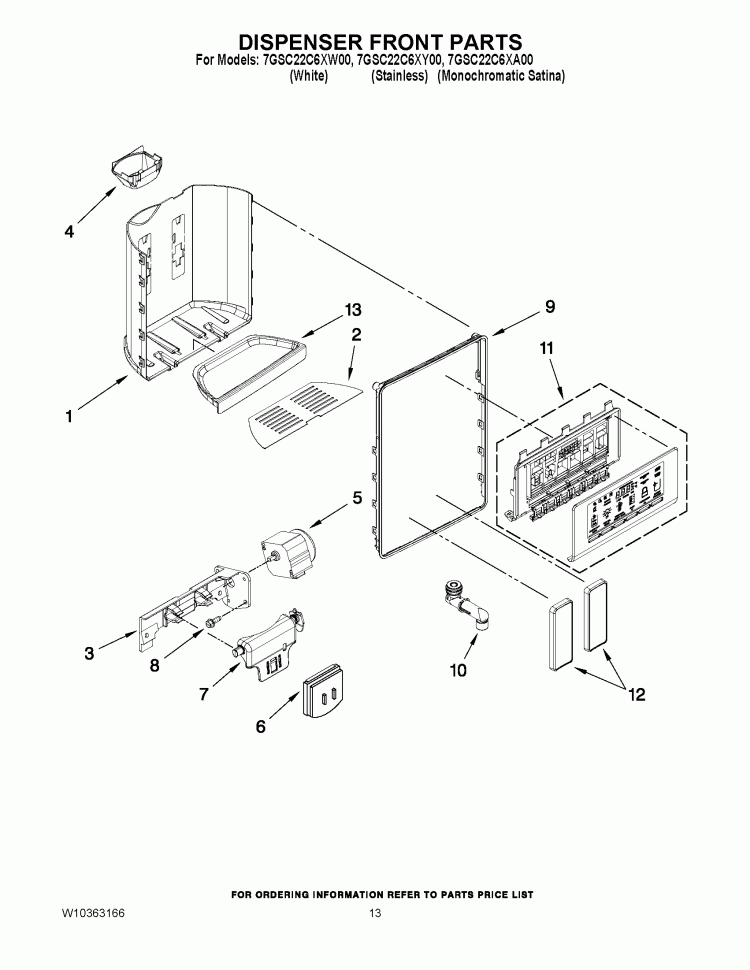 DISPENSER FRONT PARTS Diagram and Parts List for 7GSC22C6XW00  Whirlpool Refrigerator