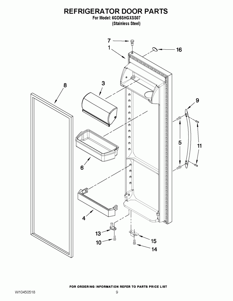 REFRIGERATOR DOOR PARTS Diagram and Parts List for 6GD5SHGXSS07  Whirlpool Refrigerator