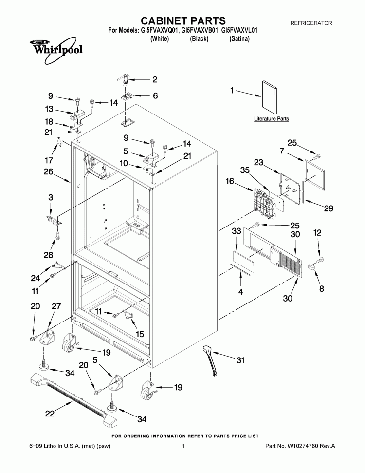 CABINET PARTS Diagram and Parts List for GI5FVAXVB01  Whirlpool Refrigerator