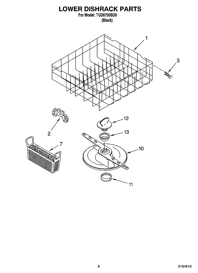 LOWER DISHRACK PARTS, OPTIONAL PARTS (NOT INCLUDED) Diagram and Parts List for TUD6750SD0  Estate Dishwasher