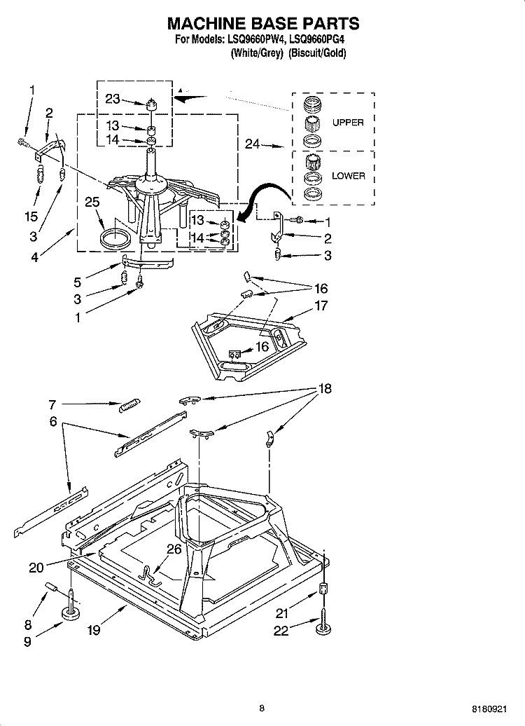MACHINE BASE PARTS Diagram and Parts List for LSQ9660PG4  Whirlpool Washer