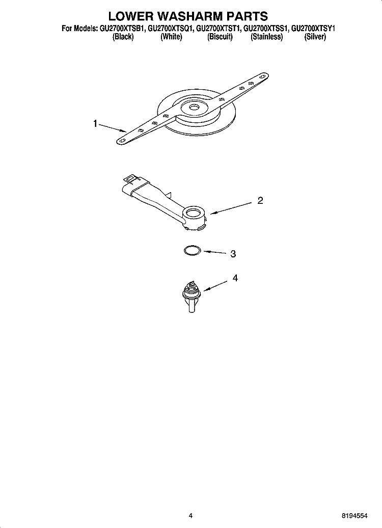 LOWER WASHARM PARTS Diagram and Parts List for GU2700XTSQ1  Whirlpool Dishwasher
