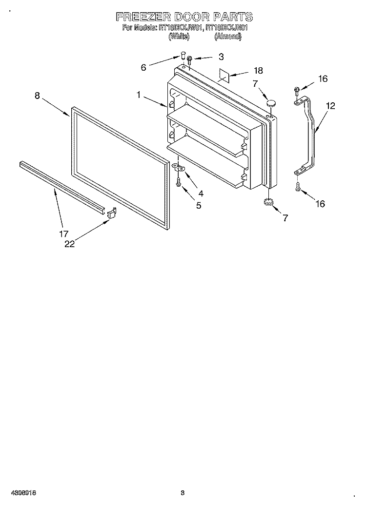 FREEZER DOOR Diagram and Parts List for RT18DKXJN01  Roper Refrigerator