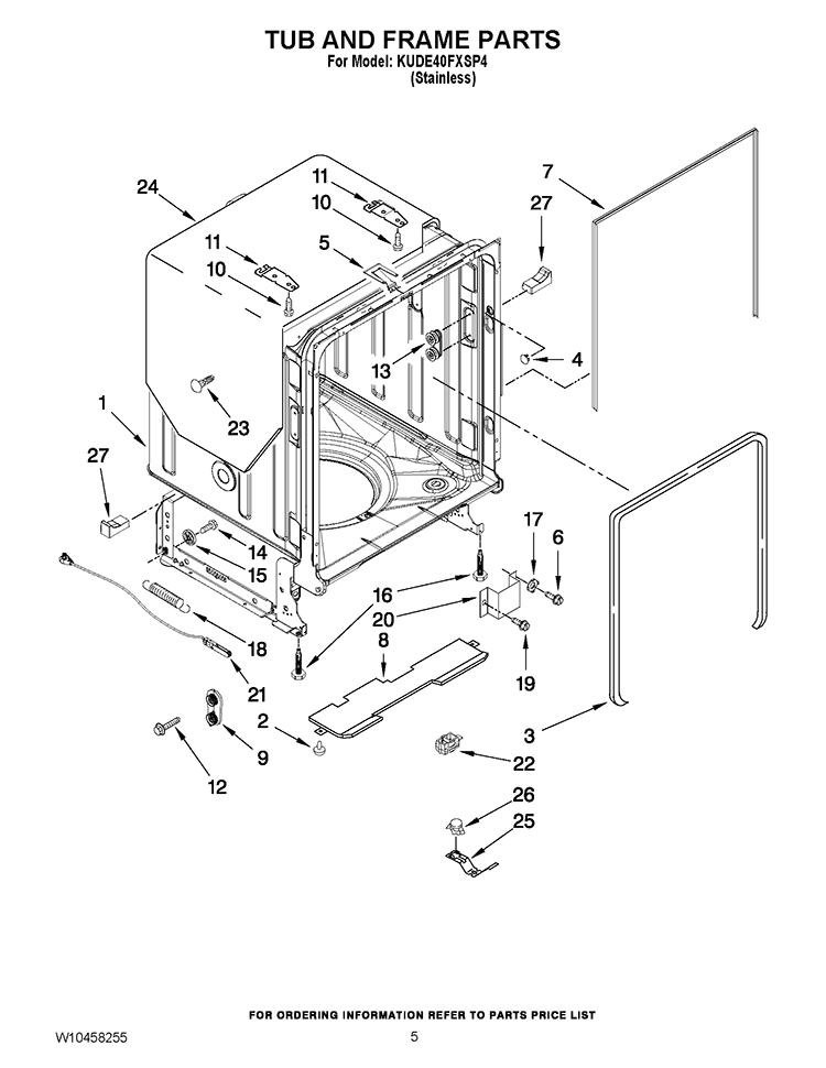 TUB AND FRAME PARTS Diagram and Parts List for KUDE40FXSP4  KitchenAid Dishwasher
