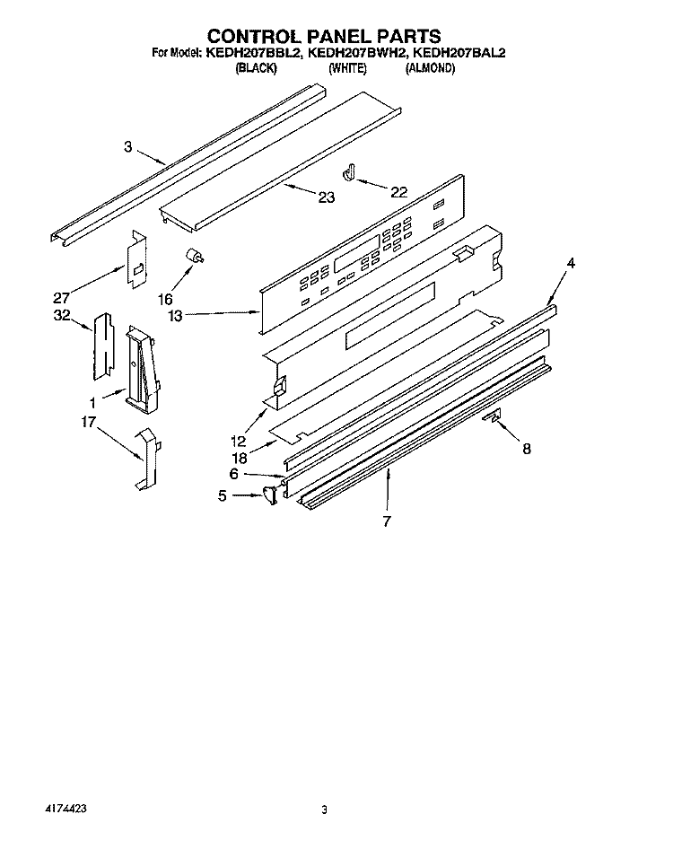 CONTROL PANEL Diagram and Parts List for KEDH207BAL2  KitchenAid Range