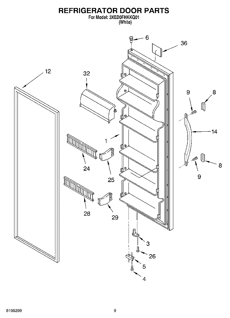 REFRIGERATOR DOOR Diagram and Parts List for 3XED0FHKKQ01  Whirlpool Refrigerator