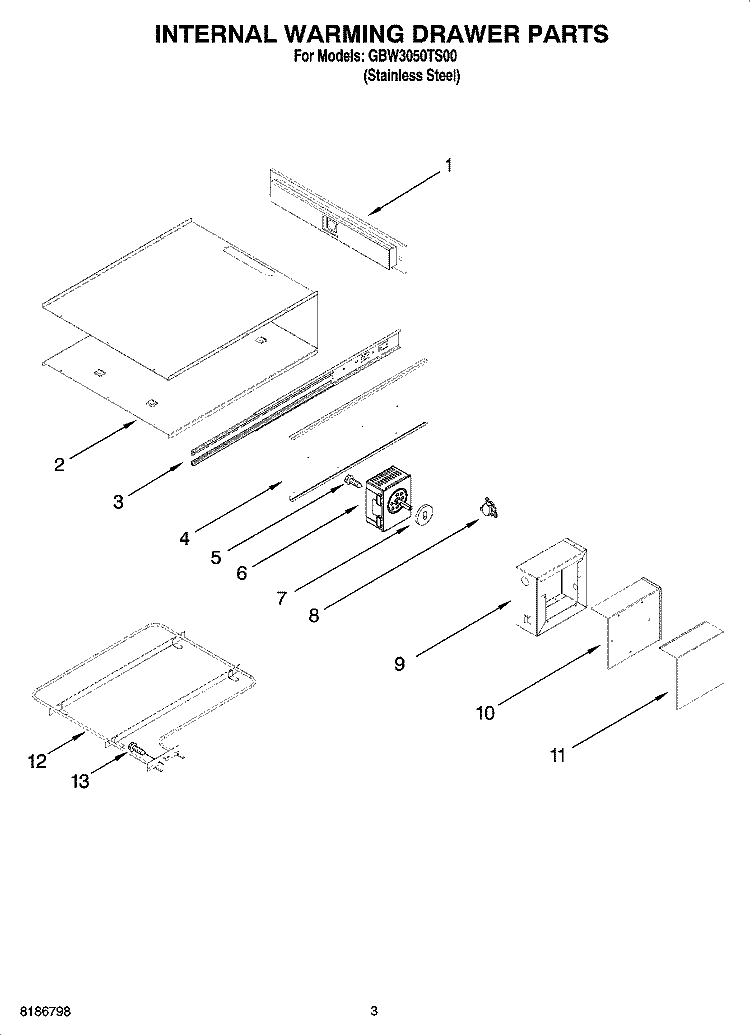 INTERNAL WARMING DRAWER PARTS Diagram and Parts List for GBW3050TS00  Whirlpool Warming Drawer