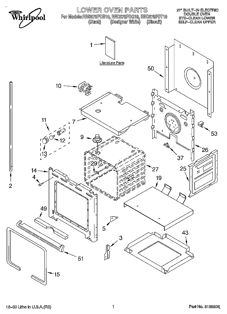 LOWER OVEN, LITERATURE Diagram and Parts List for RBD275PDB10  Whirlpool Wall Oven