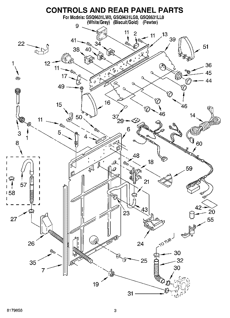 CONTROLS AND REAR PANEL Diagram and Parts List for GSQ9631LL0  Whirlpool Washer