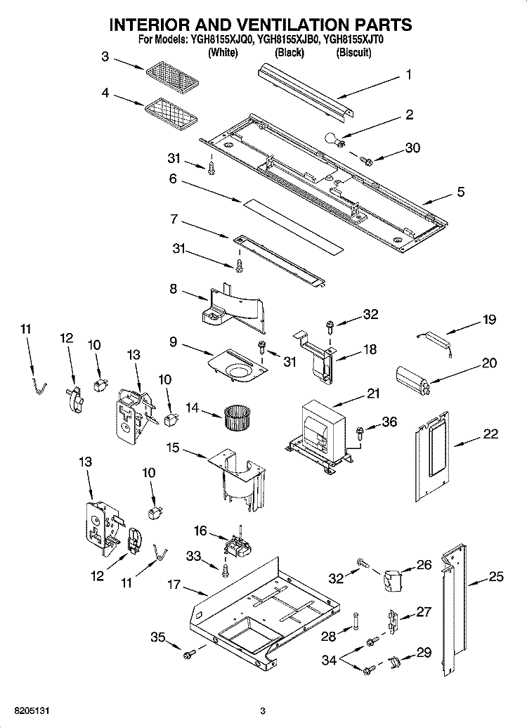 INTERIOR AND VENTILATION PARTS Diagram and Parts List for YGH8155XJQ0  Whirlpool Microwave