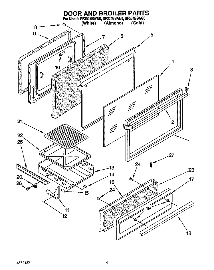 DOOR AND BROILER Diagram and Parts List for SF304BSAG0  Whirlpool Range