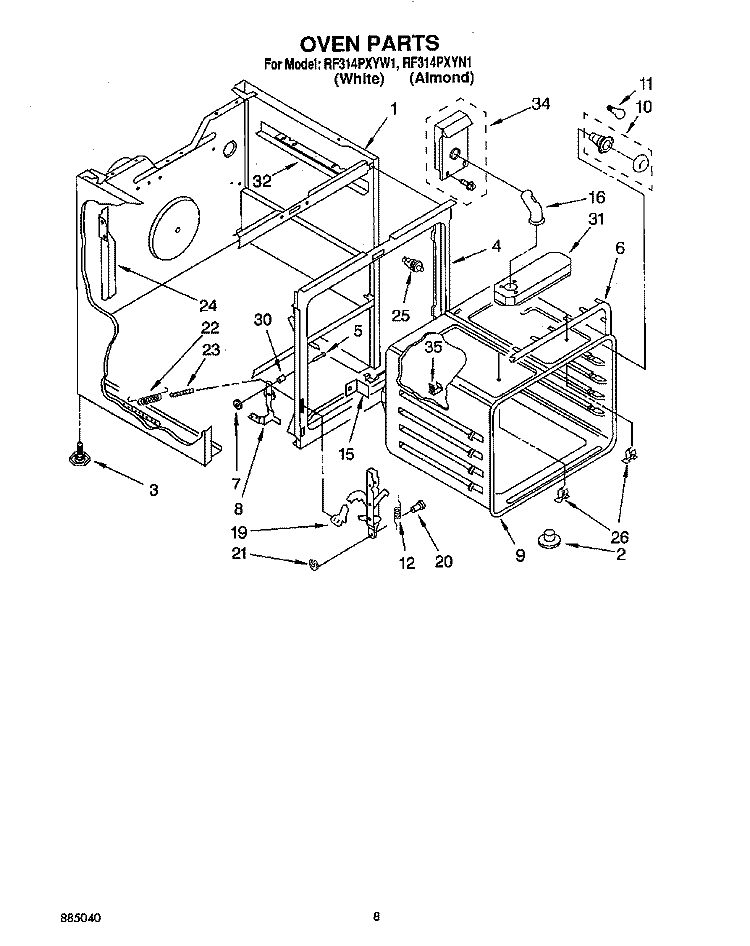 OVEN Diagram and Parts List for RF314PXYW1  Whirlpool Range