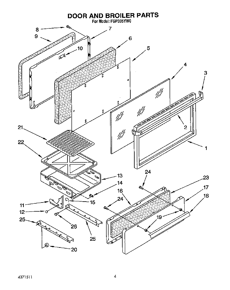 DOOR AND BROILER Diagram and Parts List for FGP335YL0  Roper Range