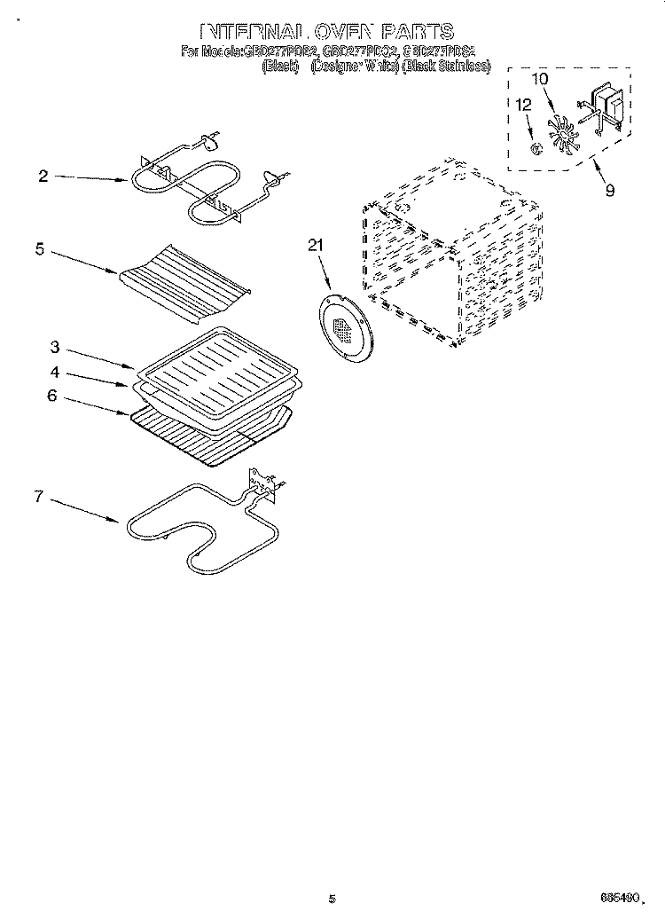 INTERNAL OVEN Diagram and Parts List for GBD277PDS2  Whirlpool Wall Oven