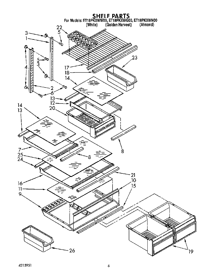 SHELF Diagram and Parts List for ET18PKXWW00  Whirlpool Refrigerator